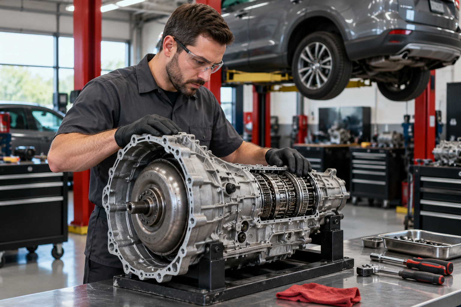 Illustration of a technician inspecting an automotive transmission on a workbench.