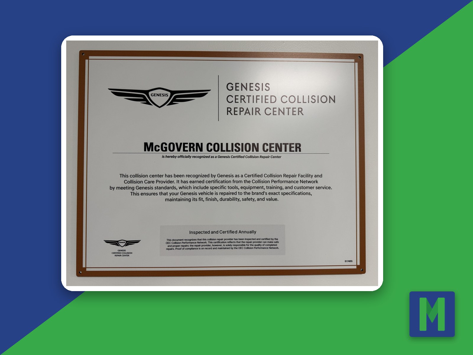 Genesis certification plaque at McGovern Collision Center in Shrewsbury, MA