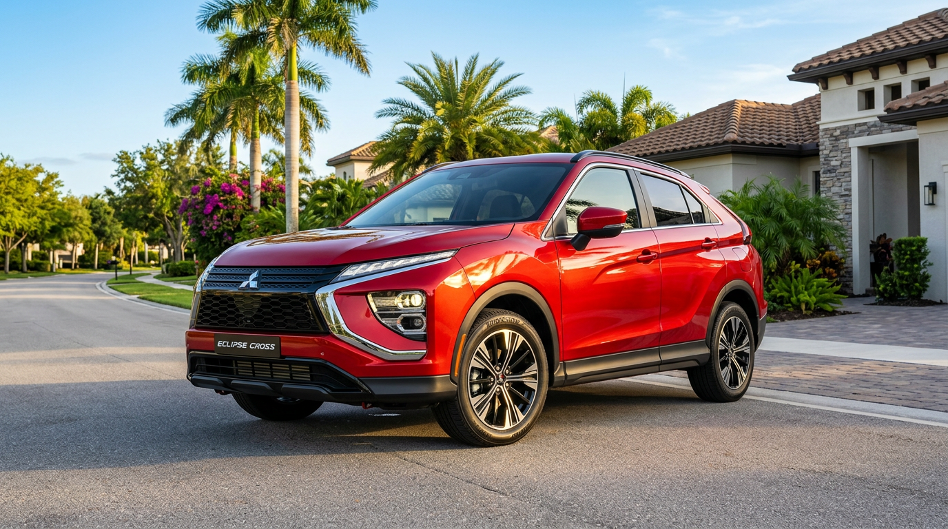 Red Mitsubishi Eclipse Cross parked on a sunny suburban street with palm trees.
