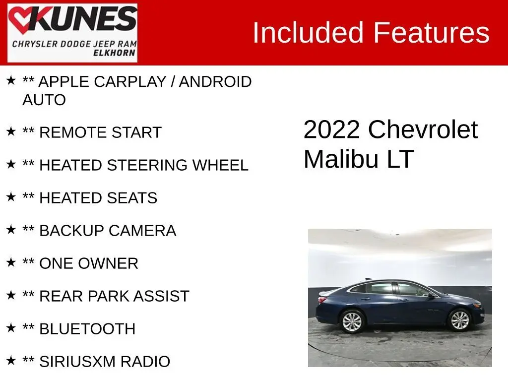 Used 2022 Chevrolet Malibu 1LT with VIN 1G1ZD5ST2NF124171 for sale in Elkhorn, WI