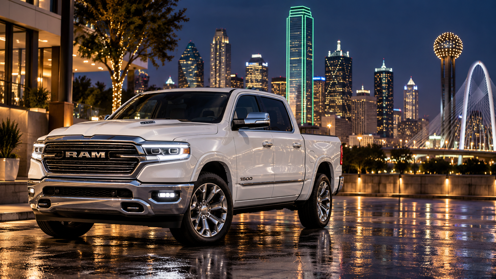 Illustrative White premium RAM 1500 in downtown Dallas at night