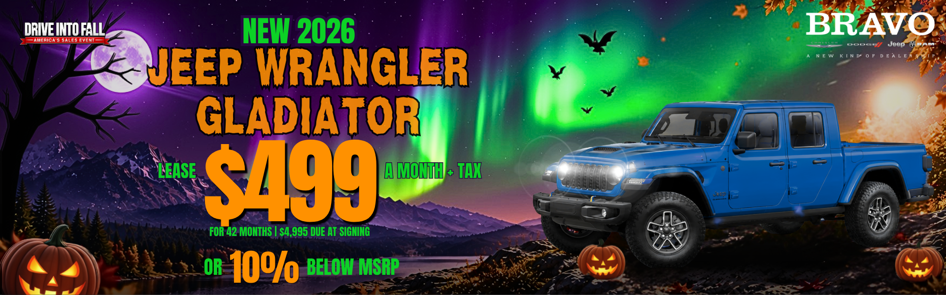 New 2026 Jeep Gladiator: lease for $499 a month plus tax for 42 months, $3,995 due at signing, or 10% below MSRP