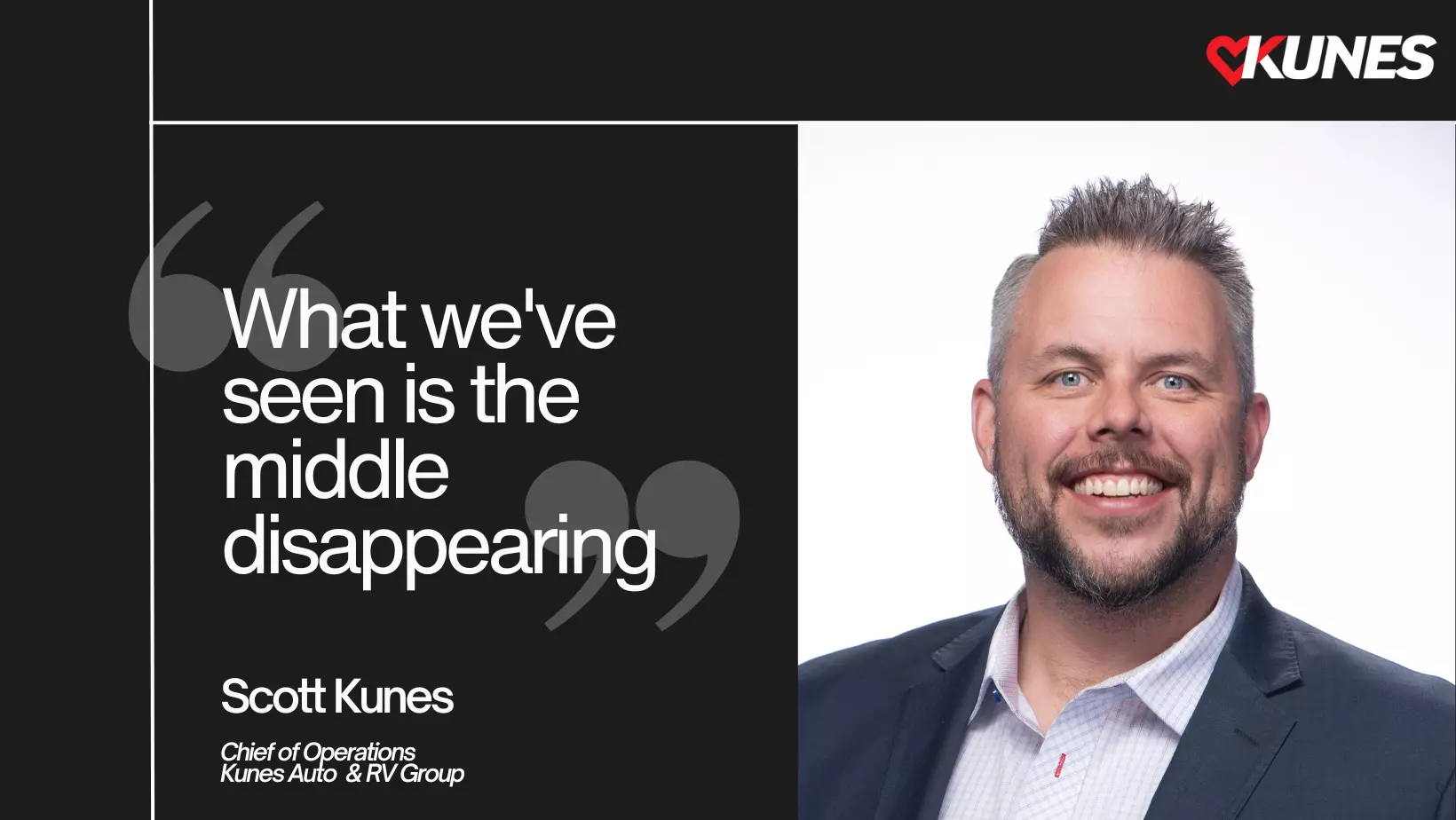 Kunes Logo in the top right of the image, the left side of the image contains this Quote "What we've seen is the middle disappearing" this quote is attributed to Scott Kunes Chief of Operations Kunes Auto & RV Group, The right side of the image contains a portrait of Scott Kunes