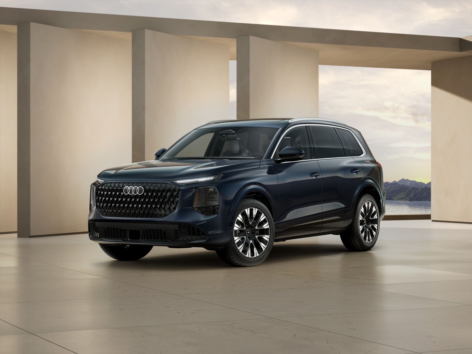 2027 Audi Q7 in dark blue parked in a modern architectural setting