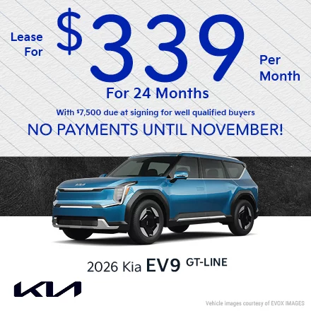 2026 Kia EV9 GT-Line Lease for $339 per month for 24 months with $7,500 due at signing for well qualified buyers