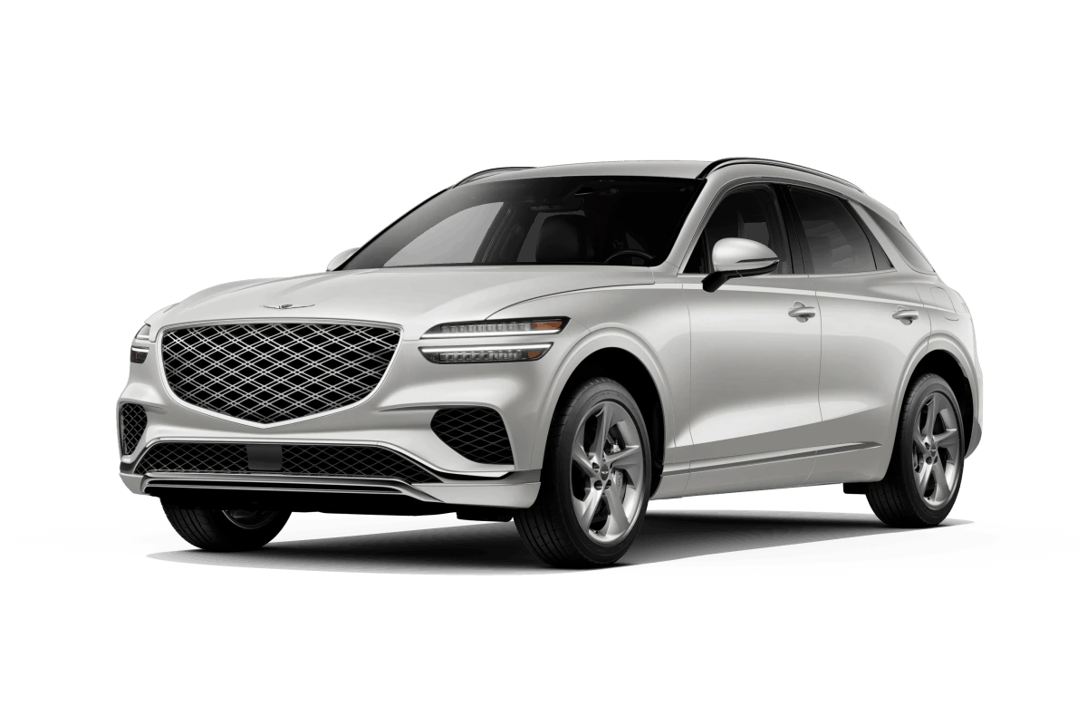 White Genesis GV70 shown from a front three-quarter angle.