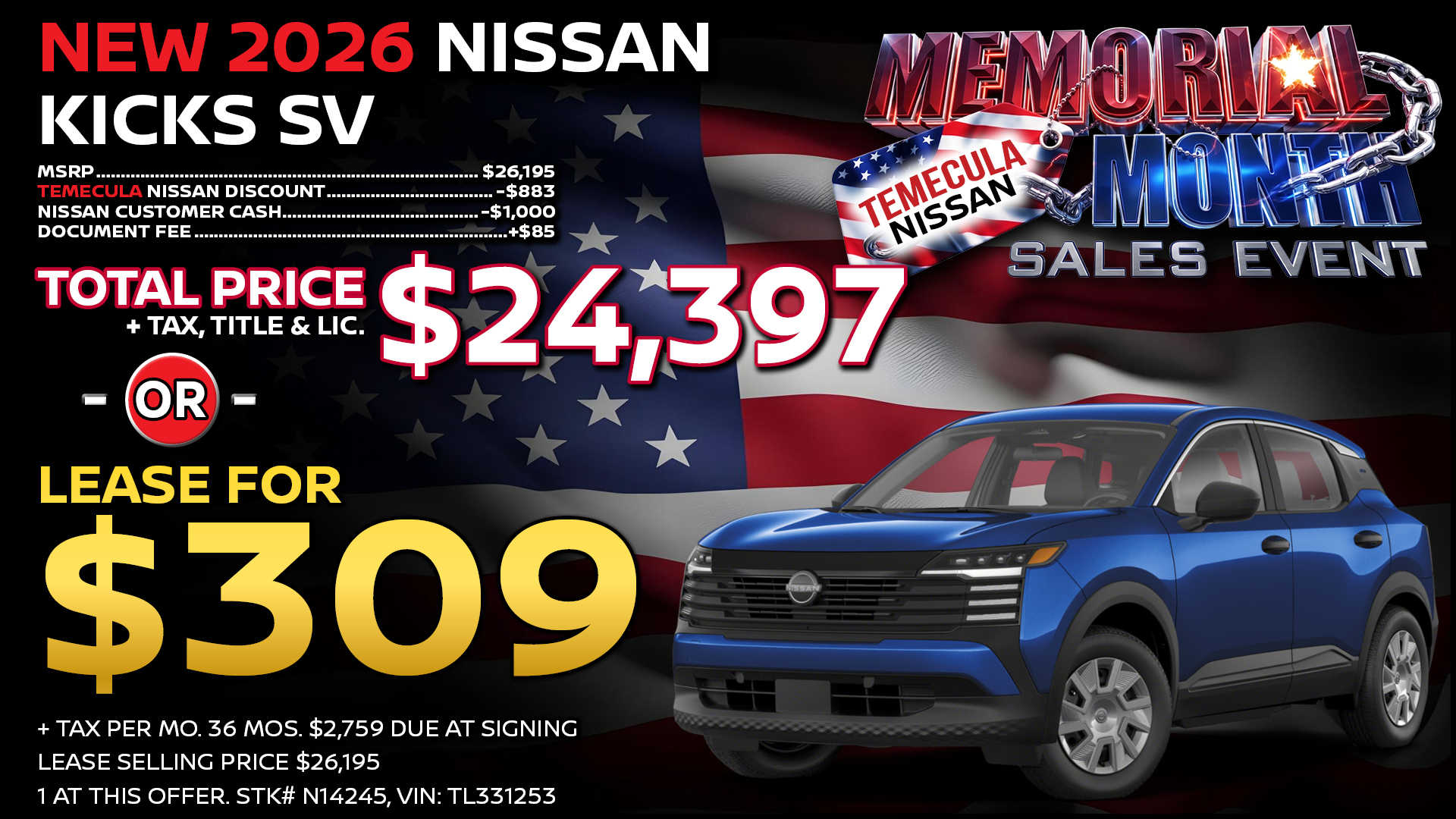 2026 Nissan Kicks SV Lease Special