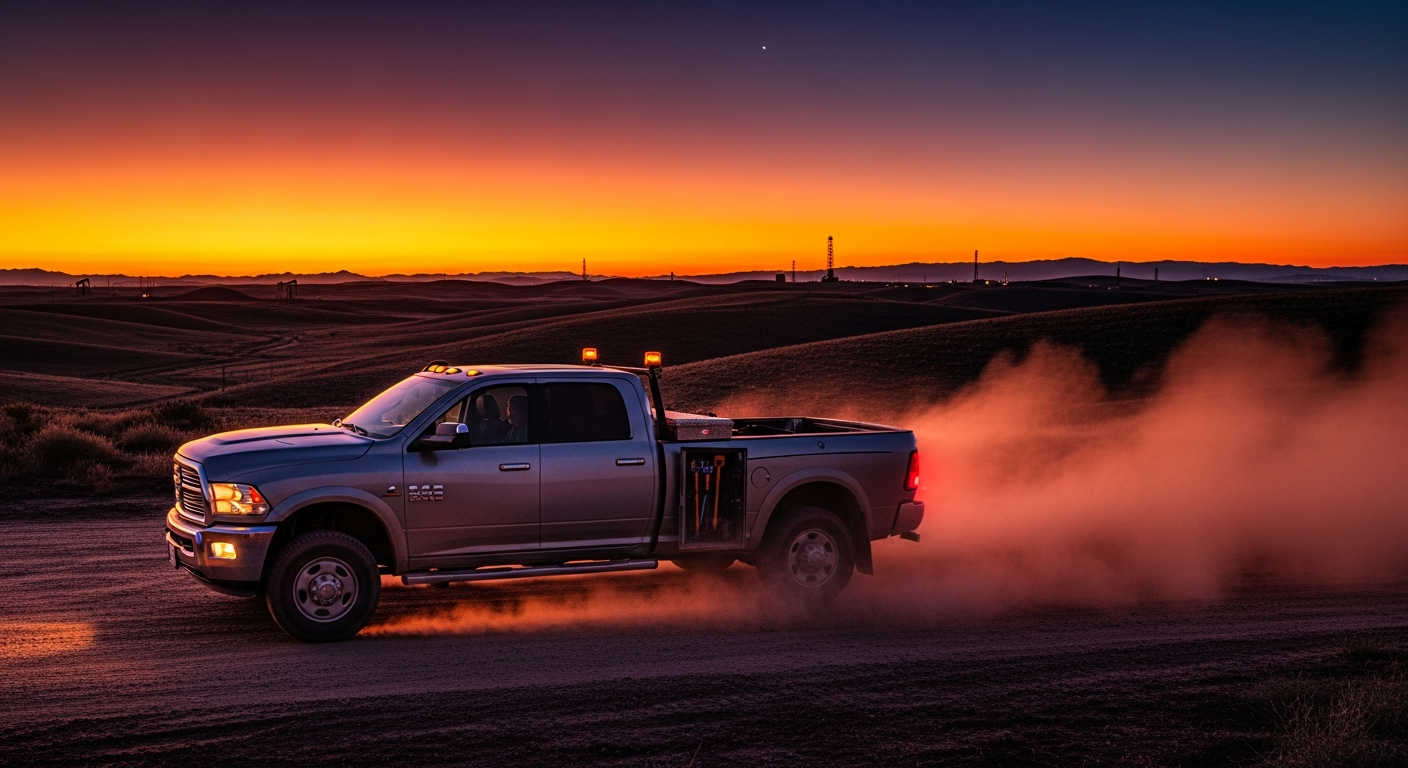 Ram work truck driving on an open road near Bakersfield