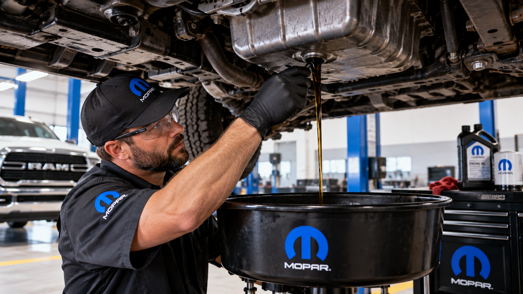 Mopar technician performing an oil change on a RAM heavy-duty diesel truck at Bonham Chrysler in Bonham, TX