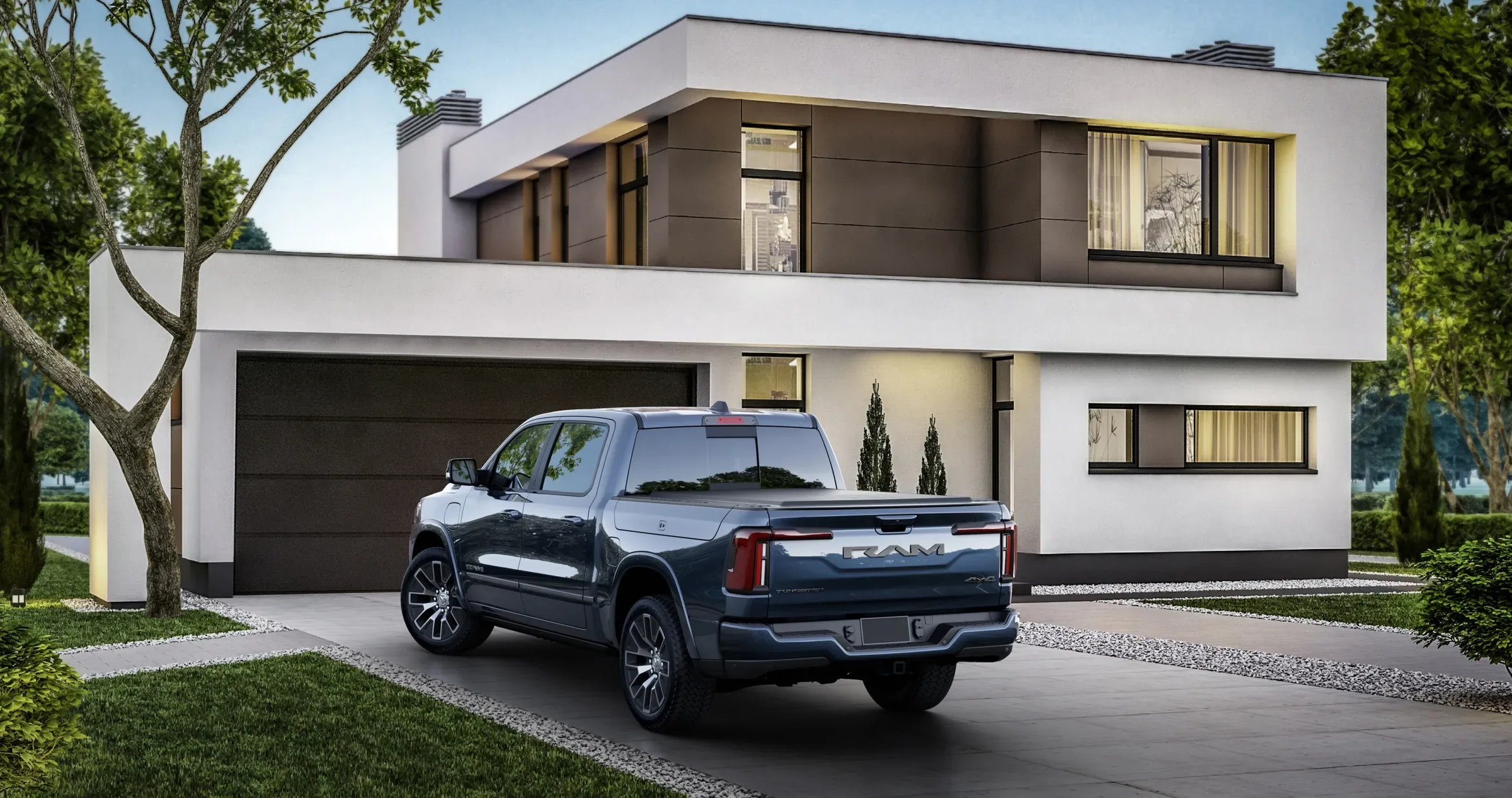 Dark blue Ram pickup truck with a tonneau-covered bed parked at a modern home