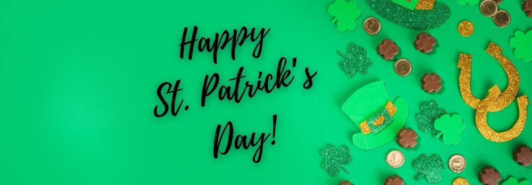 Green Background with Leprechaun Hat, Gold, Shamrocks and Horseshoes and Black Happy St. Patrick's Day Text