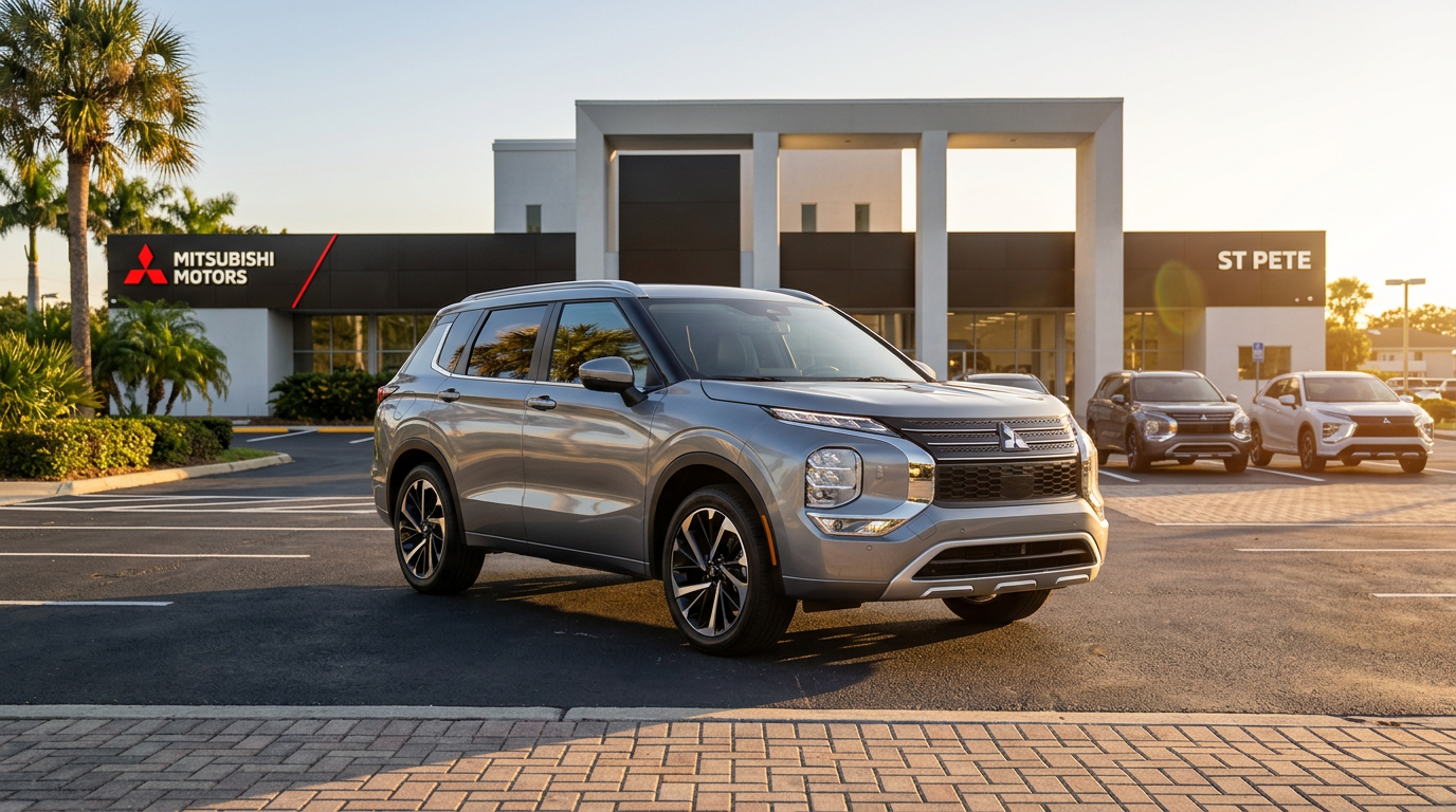 Silver Mitsubishi Outlander SUV parked in front of a Mitsubishi Motors dealership at sunset. (Representative image for illustration purposes only. Actual vehicle may vary based on trim and configuration.)