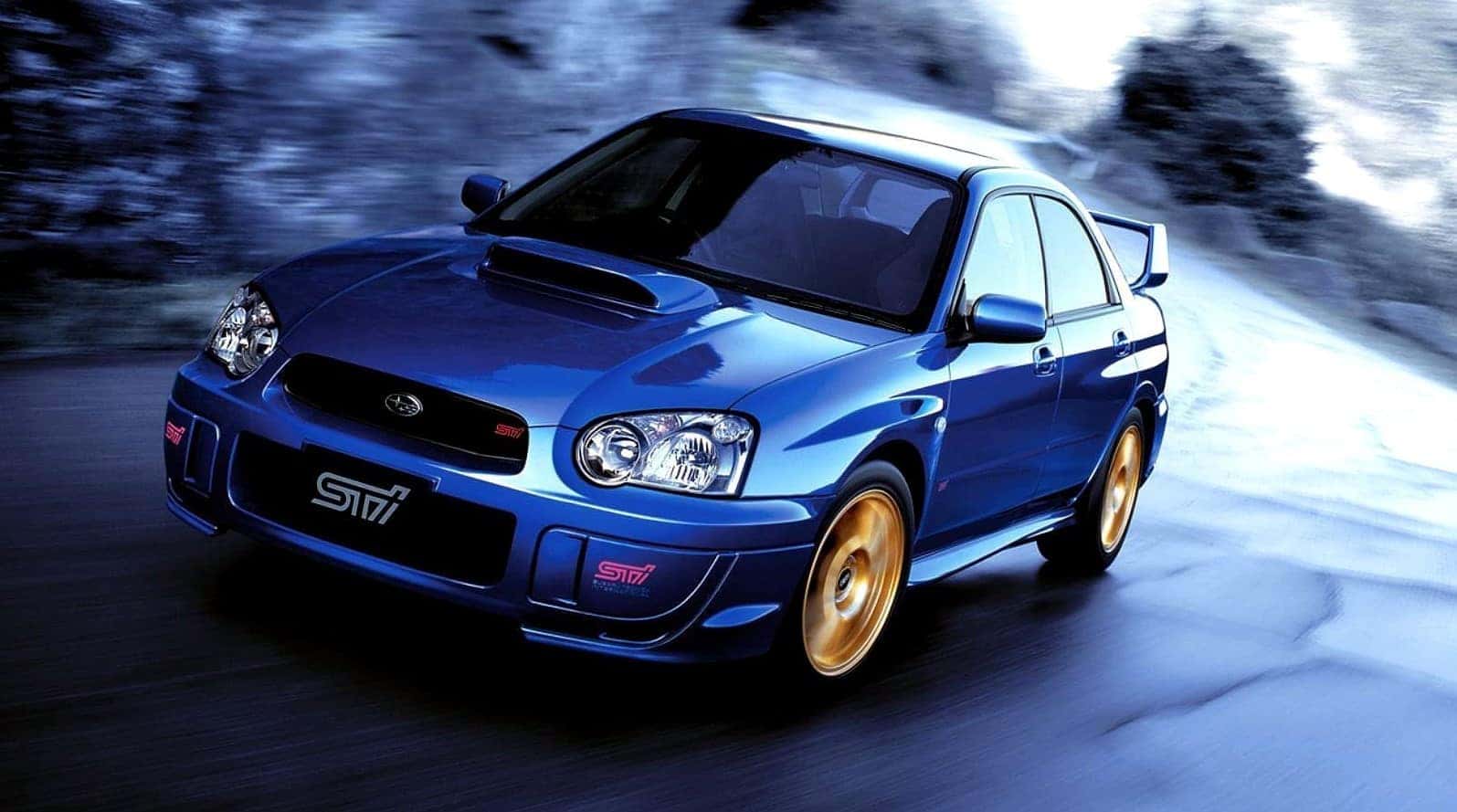 Blue Subaru Impreza WRX STI with blob-eye headlights