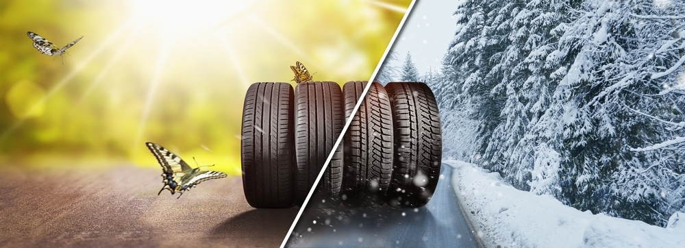 4 Tires with a diagonal going down the middle of the picture, on the left half is sunshine and butterflies, on the right side it is winter with more winter tires and there are pine trees and snow