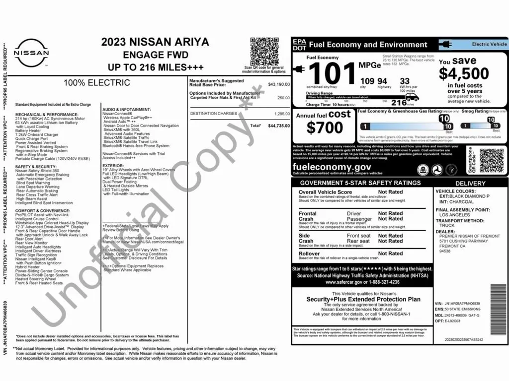 Used 2023 Nissan Ariya Engage with VIN JN1AF0BA7PM406839 for sale in Trooper, PA