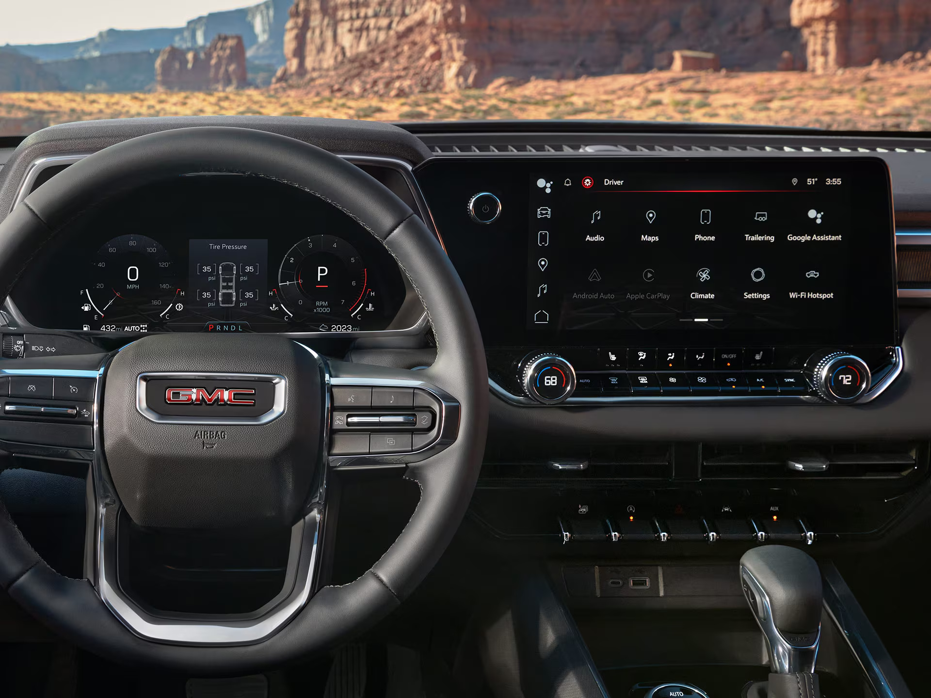 GMC Canyon interior with digital driver display and center touchscreen