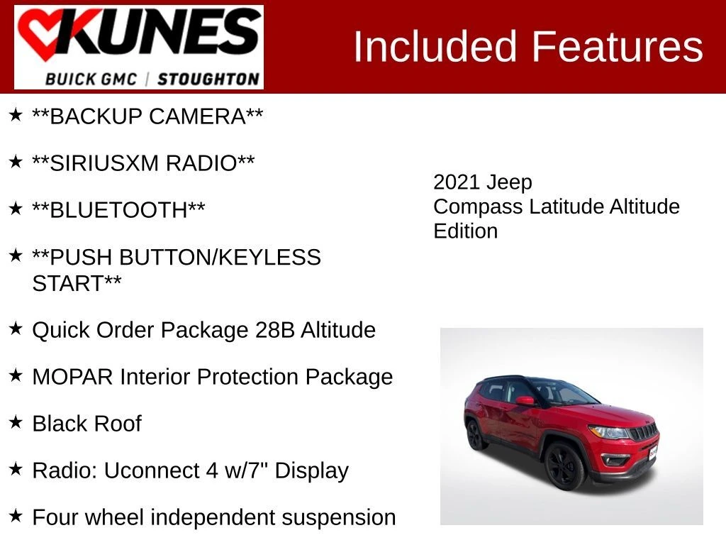 Used 2021 Jeep Compass Altitude with VIN 3C4NJCBB4MT538941 for sale in Stoughton, WI