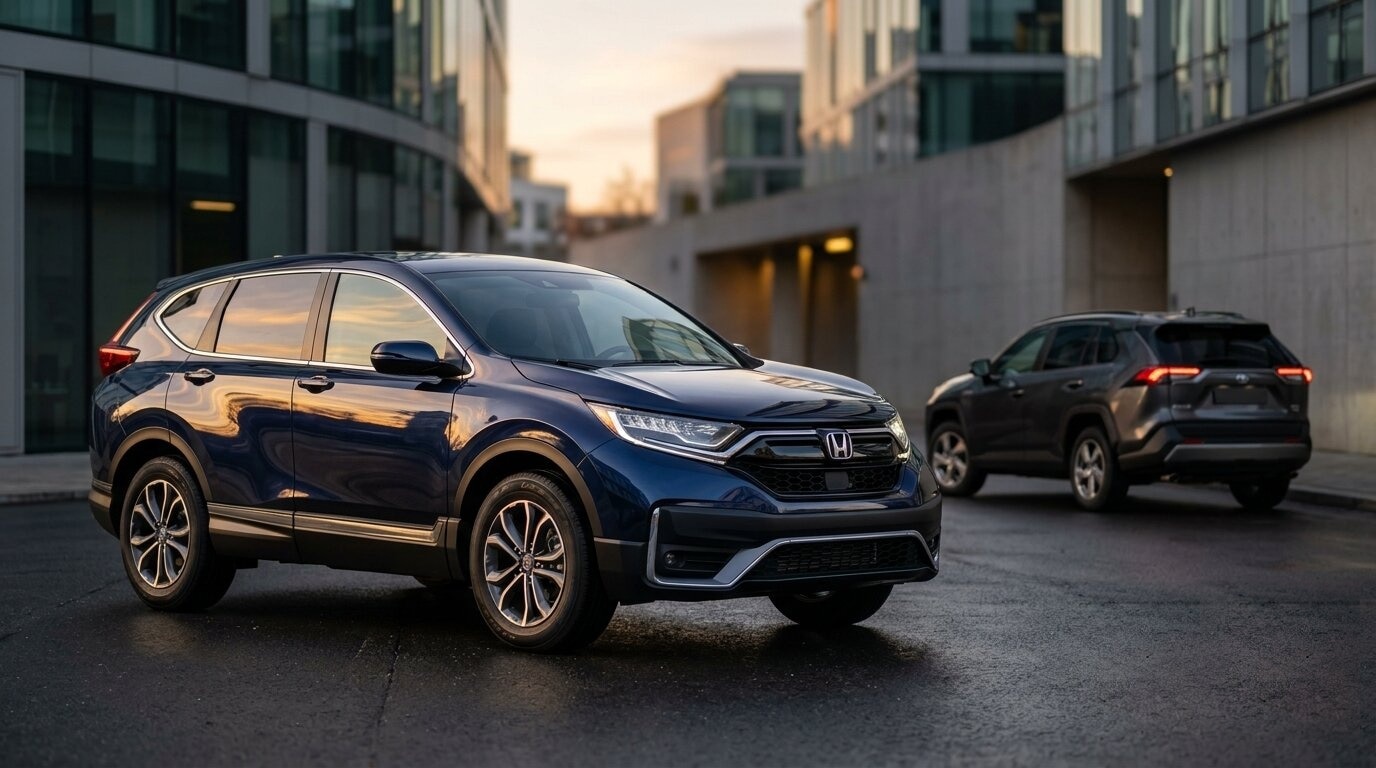 Honda CR-V parked in foreground on urban street with Toyota CR-V in background