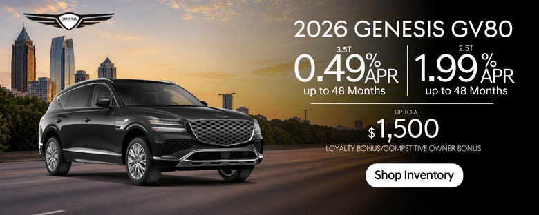 2026 Genesis GV80 driving on a road with promotional text offering 0.49% APR financing for up to 48 months on 3.5T trims and a Shop Inventory call to action.