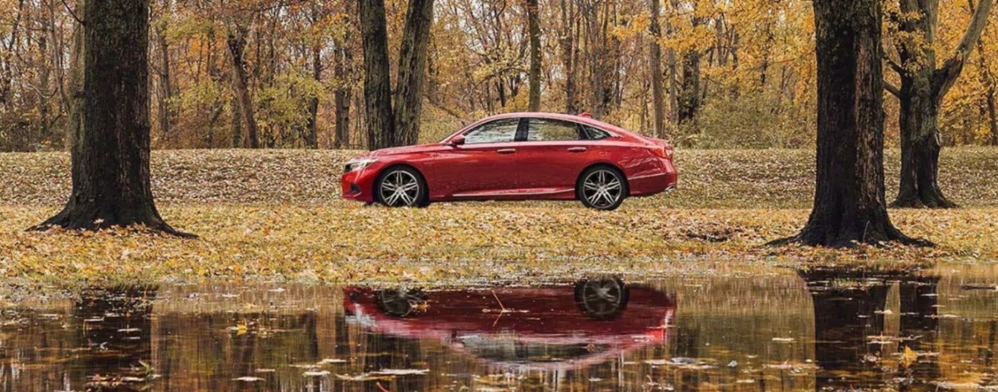 A red 2021 Honda Accord is shown from the side while parked behind a pond and in front of fall trees.