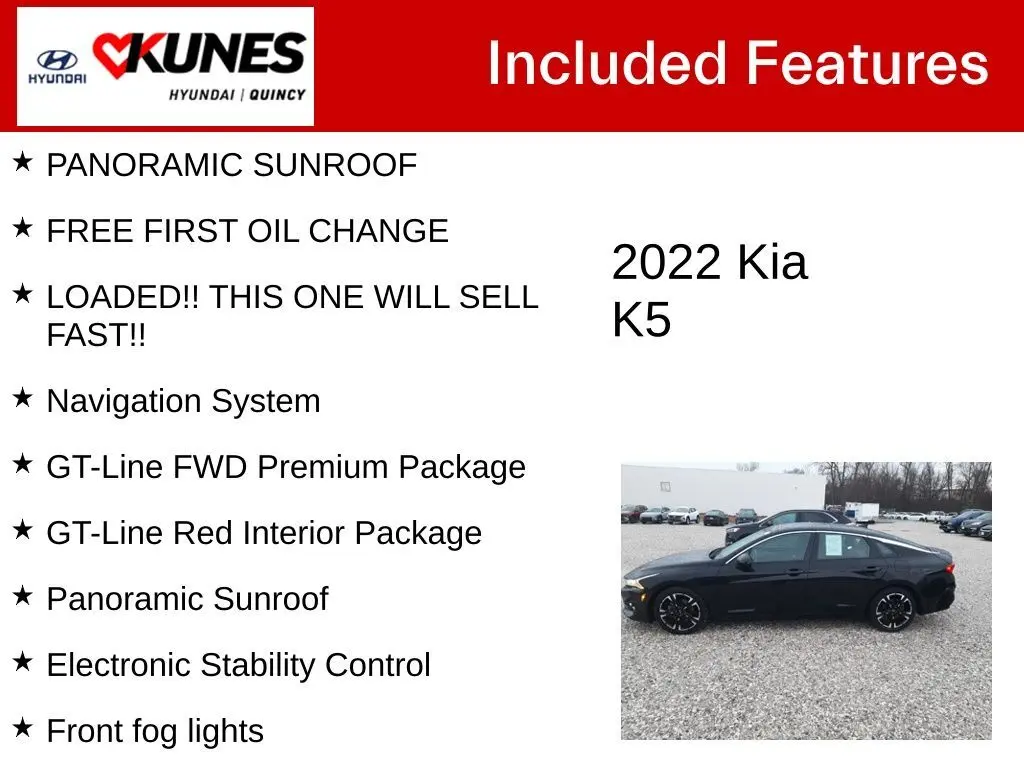 Used 2022 Kia K5 GT-Line with VIN 5XXG64J24NG129319 for sale in Quincy, IL
