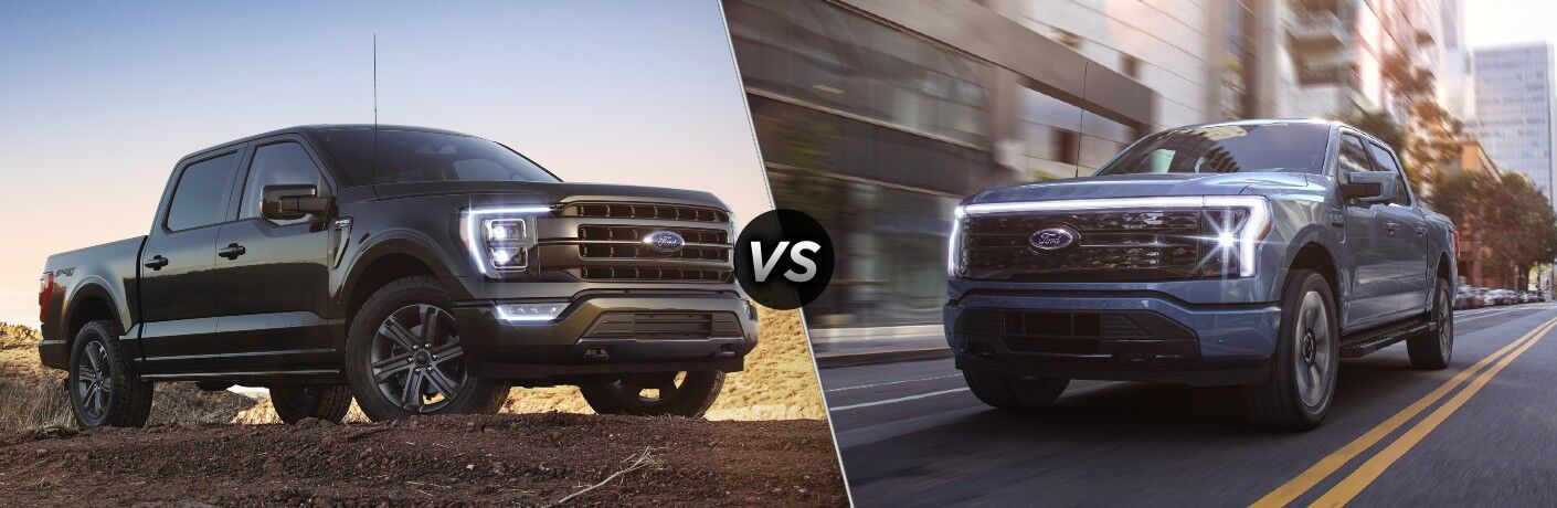 Black 2022 Ford F-150 on a Trail vs Blue 2022 Ford F-150 Lightning on a City Street