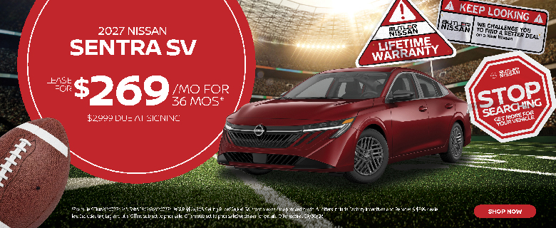 2027 Nissan Sentra SV lease special at Butler Nissan with payments of $269 per month for 36 months on approved credit