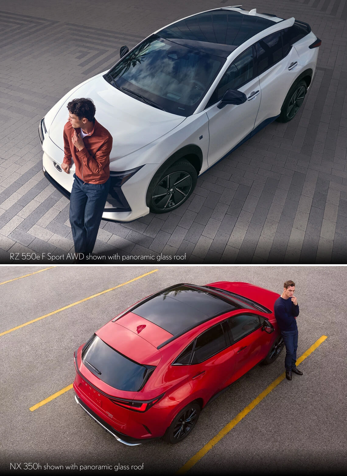 Exterior top-down shots of a white Lexus RZ 550e F Sport AWD and a red Lexus NX 350h, both with panoramic glass roof.