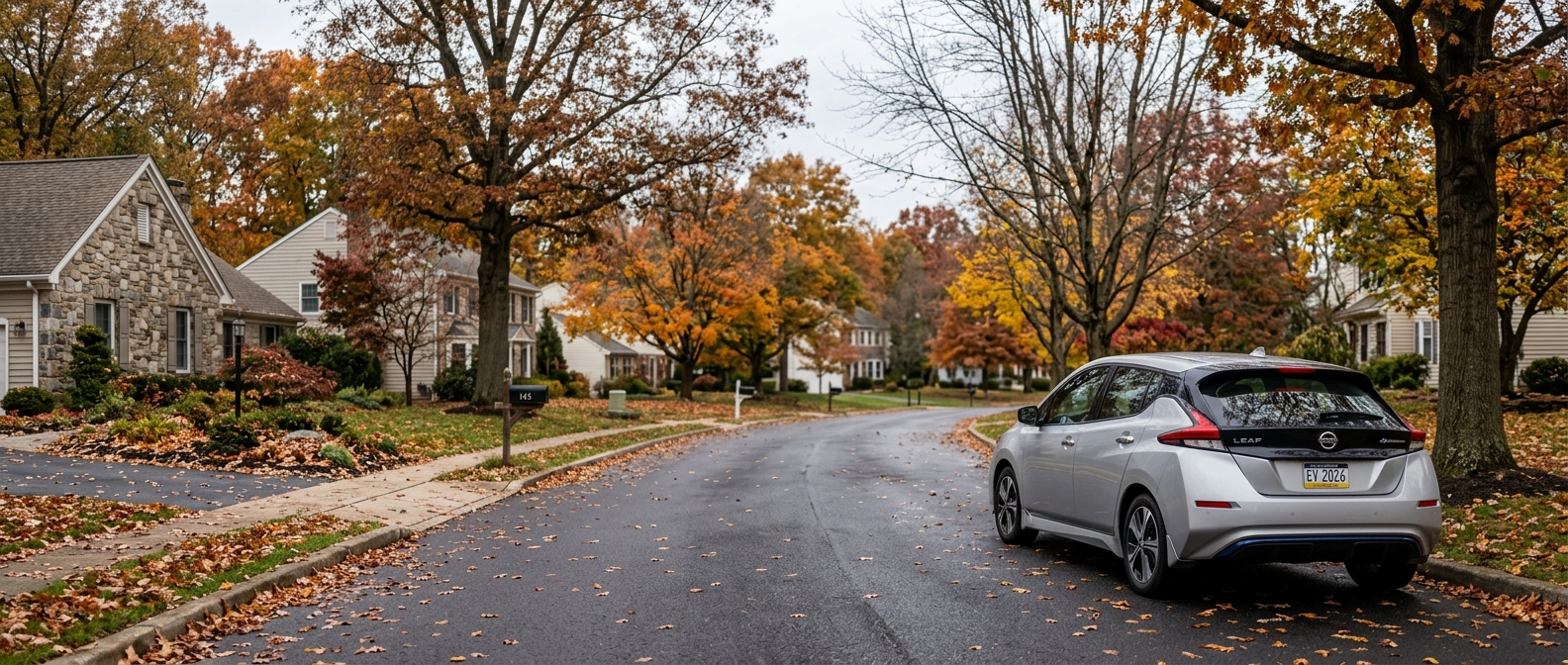 2026 Nissan Leaf parked on a cool autumn morning in Warminster, PA, ready for a local trip