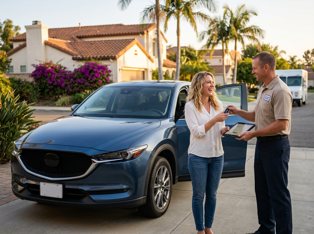 A new car being delivered to a happy customer in California