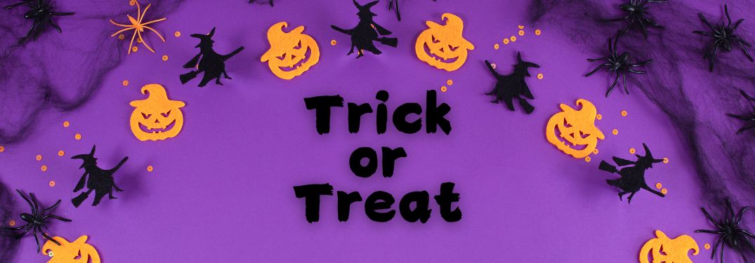 Purple Background with Jack-o-Lantern and Witch Cutouts with Black Trick or Treat Text