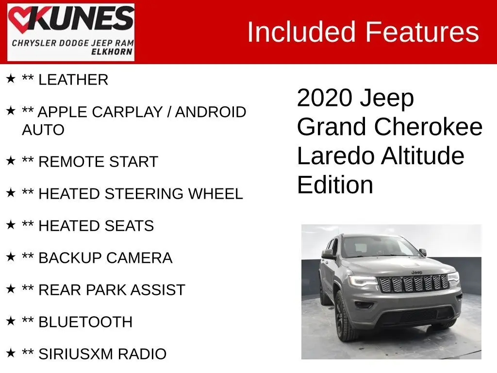 Used 2020 Jeep Grand Cherokee Altitude with VIN 1C4RJFAG3LC144924 for sale in Elkhorn, WI