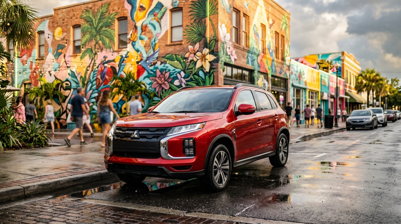 Red Mitsubishi SUV parked on a wet street next to vibrant, colorful building murals. (Representative image for illustration purposes only. Actual vehicle may vary based on trim and configuration.)