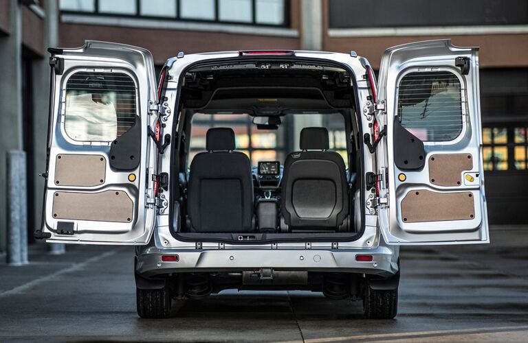 rear view of a 2020 Ford Transit Connect Cargo Van with cargo doors open