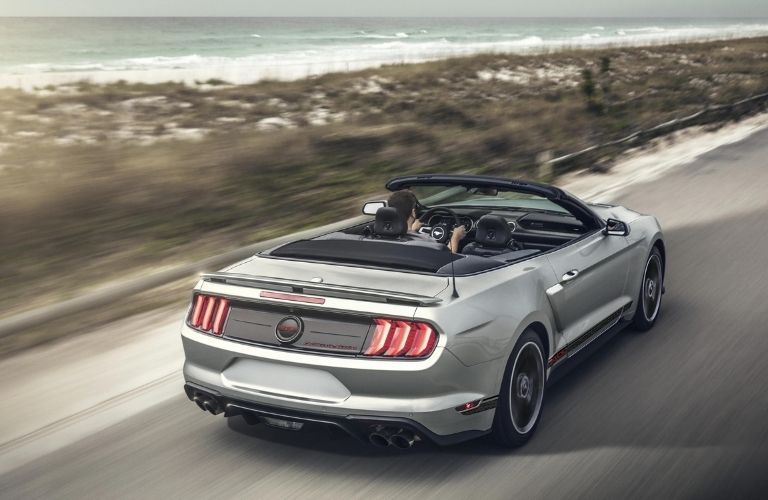 Silver 2022 Ford Mustang Convertible Rear Exterior with Top Down