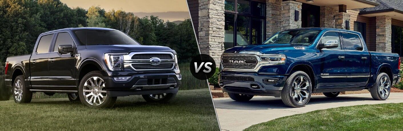 Blue 2023 Ford F-150 on Grass vs Blue 2023 Ram 1500 in a Driveway