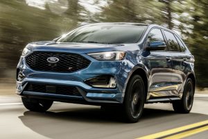 front view of a blue 2019 Ford Edge ST