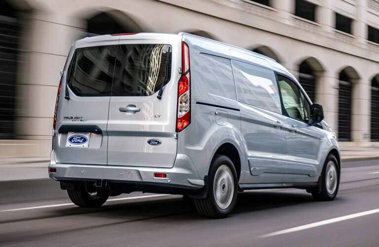 rear view of silver 2020 Ford Transit Connect Cargo Van