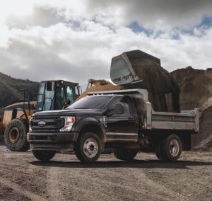 side view of a black 2020 Ford Super Duty Chassis Cab