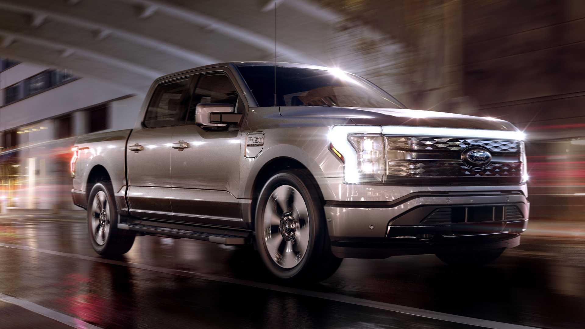 A grey 2022 F-150 Lightning on a road