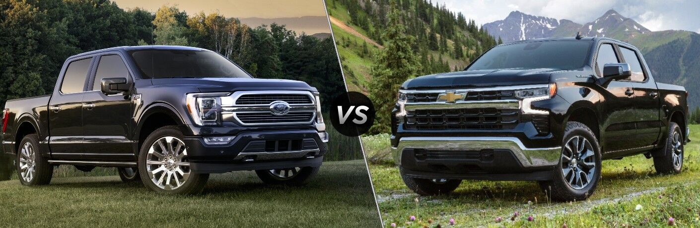 Blue 2022 Ford F-150 Front Exterior vs Black 2022 Chevy Silverado 1500 Front Exterior