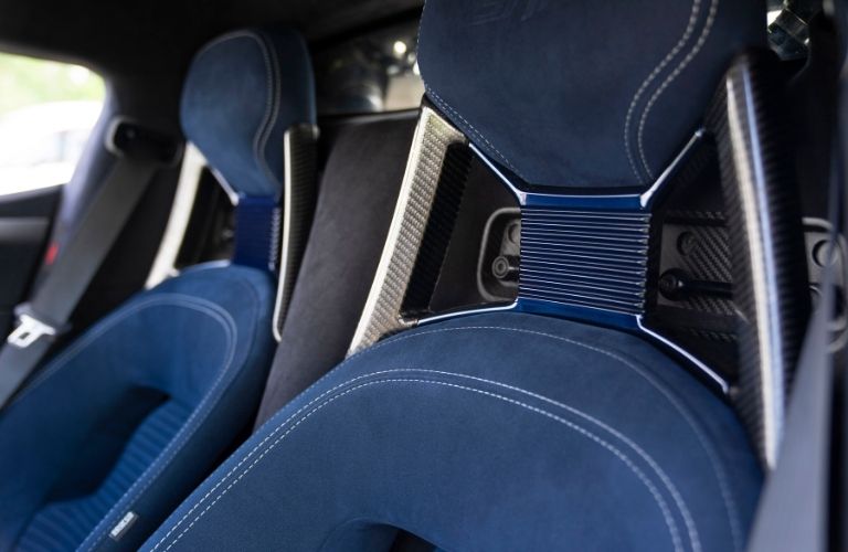 Interior of the 2022 Ford GT with comfortable seating and blue upholstery