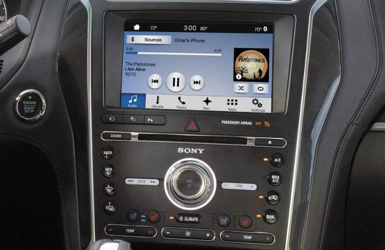 close up of the infotainment system and instrument panel of a 2018 Ford Explorer