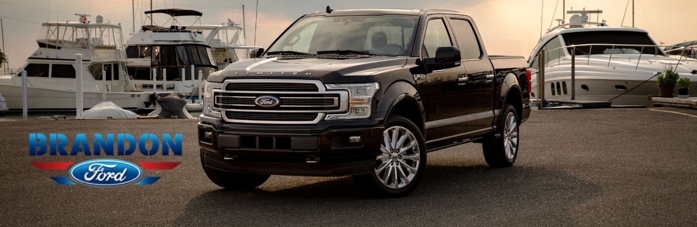 Black 2019 Ford F-150 at a Marina with Brandon Ford Logo