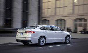 side view of a white 2019 Ford Fusion