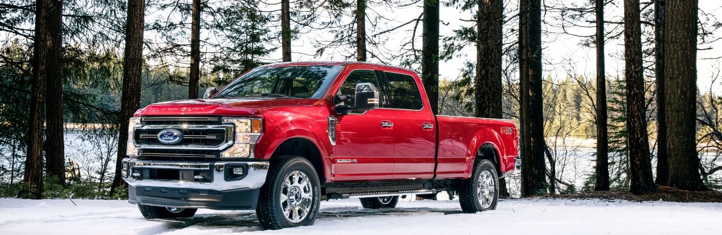 side view of a red 2021 Ford Super Duty