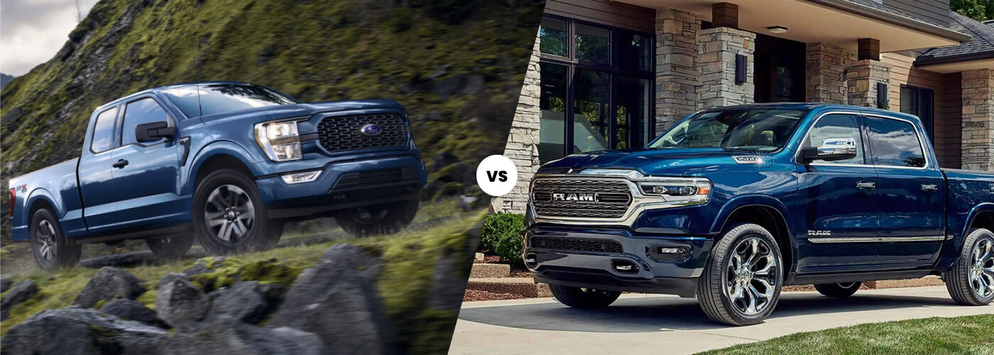 Comparison of the 2024 Ford F-150 vs. RAM 1500, highlighting key features and specifications.