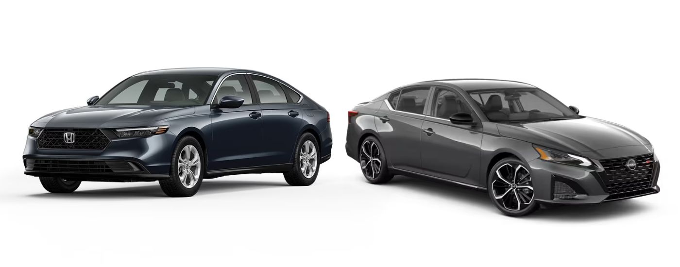 Blue 2026 Honda Accord angled left and grey 2026 Nissan Altima angled right.