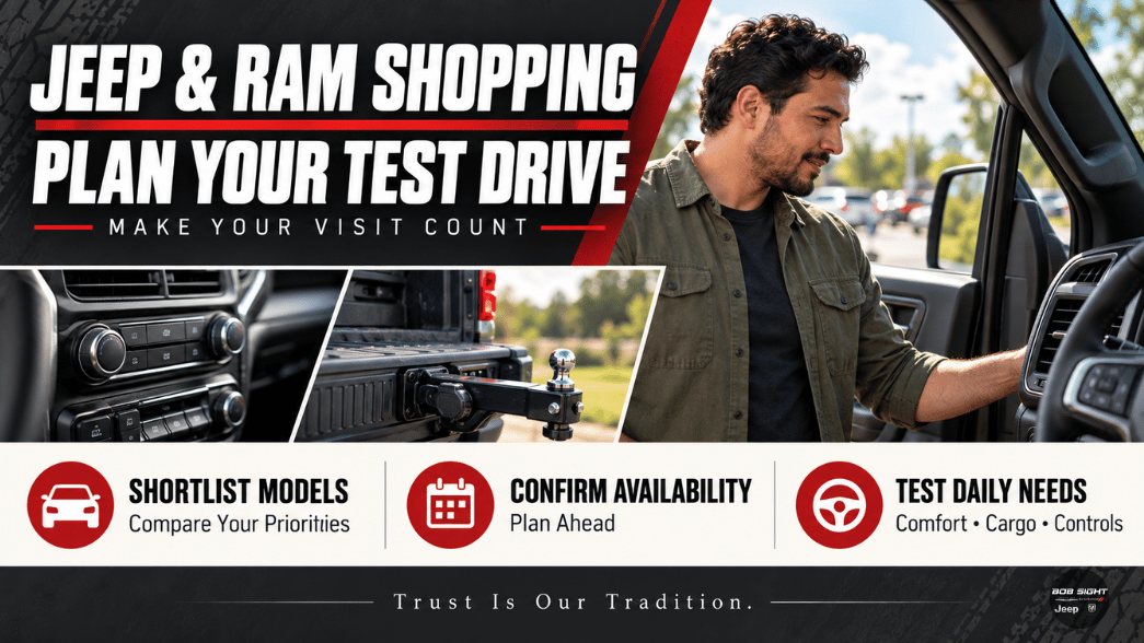 Jeep and Ram test-drive planning graphic for Topeka, KS shoppers preparing to visit Bob Sight CDJR in Lawrence
