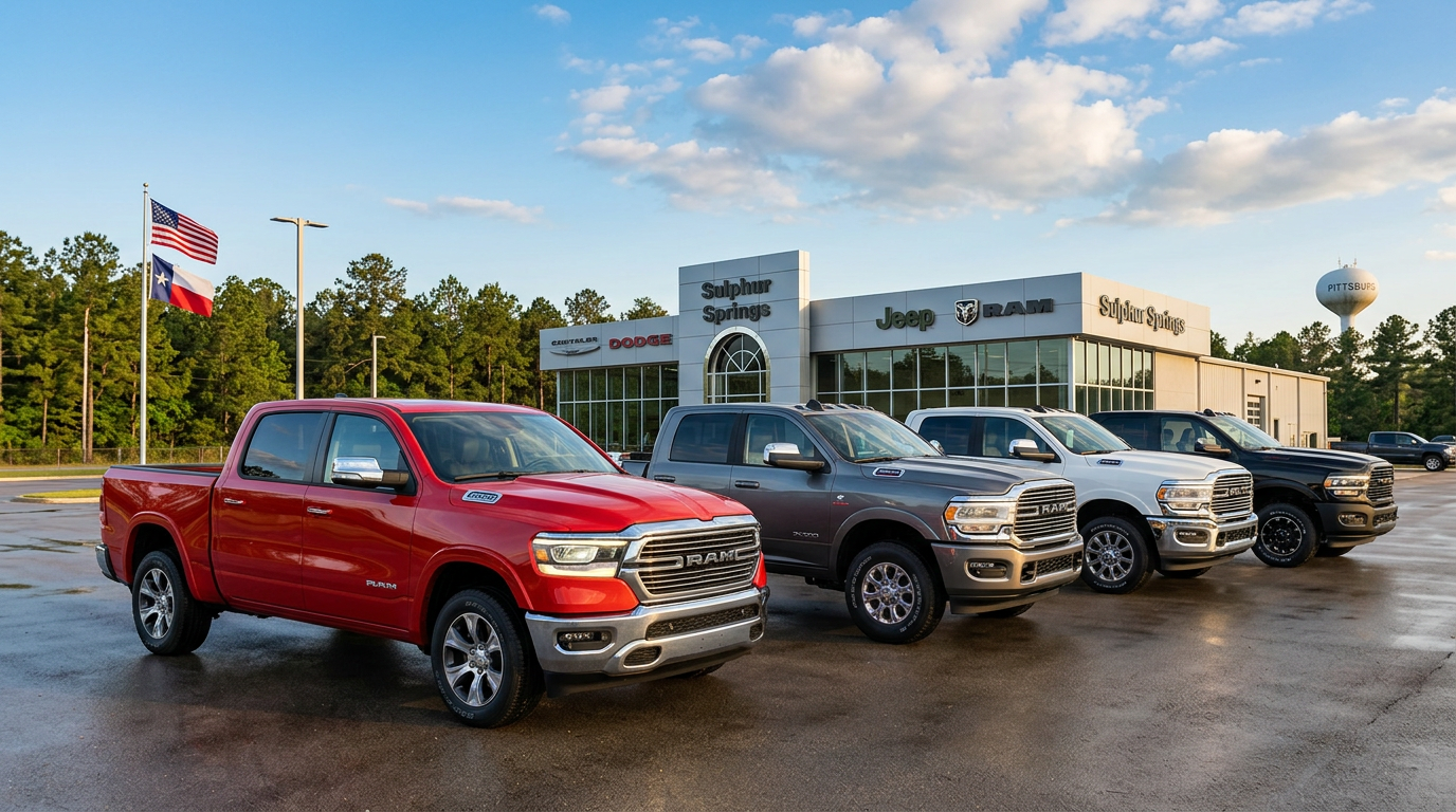 Shop new Ram trucks near Pittsburg, TX at Sulphur Springs Dodge Chrysler Jeep Ram. Browse current inventory, get pre-qualified, estimate your payment, and value your trade online.
